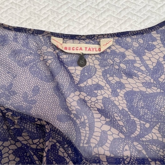 Rebecca Taylor Blue Silk Short Sleeve Ruffle Tie Front Blouse Size S - Picture 8 of 10